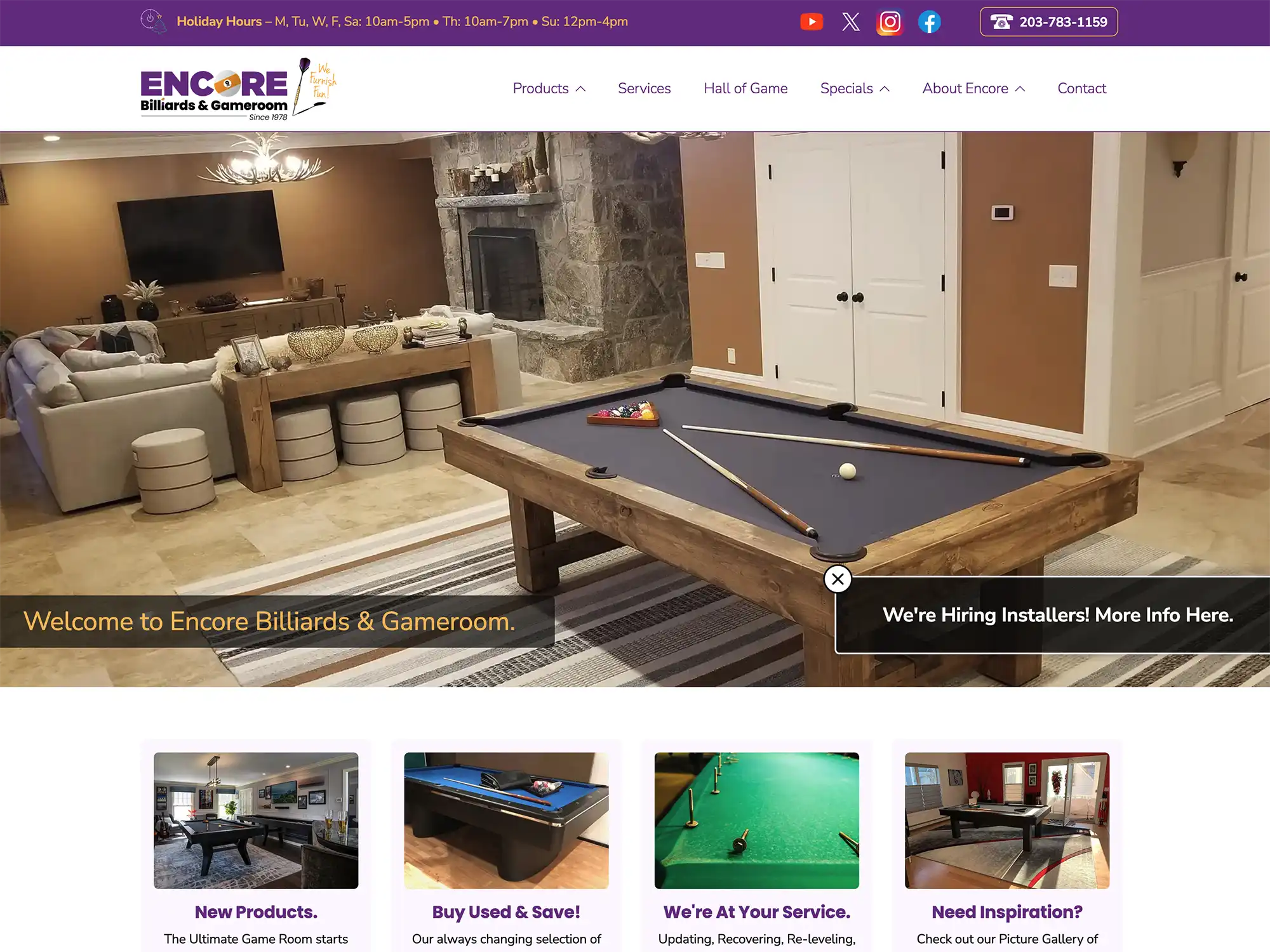 encore billiards home page screenshot