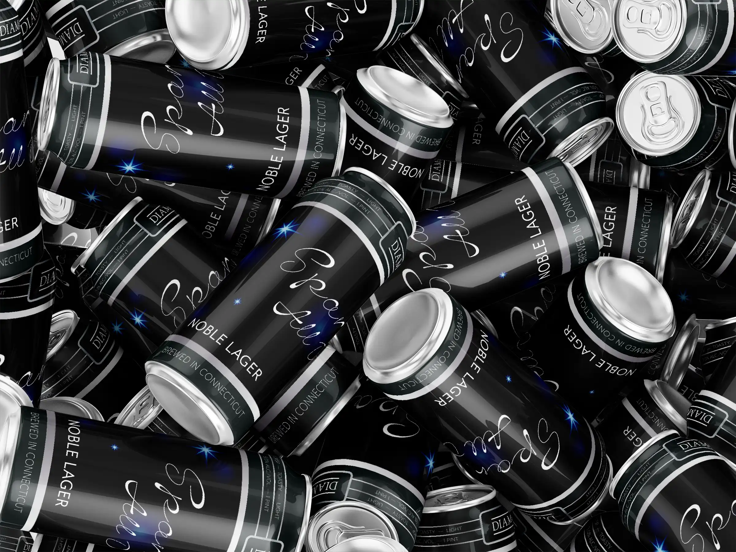 A close-up of a Diamond Designs beer can against a black background. The can features a black label with sparkling stars, a diamond logo, and the text "Sparkle All Day..." and "Noble Lager."