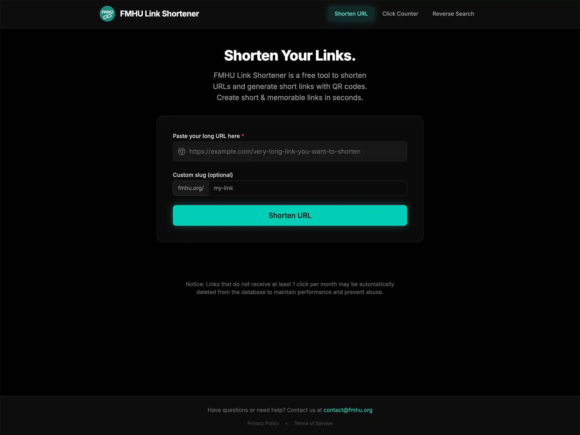 FMHU Link Shortener website interface featuring a dark mode dashboard with fields to paste a long URL, add a custom slug, and a bright teal button.