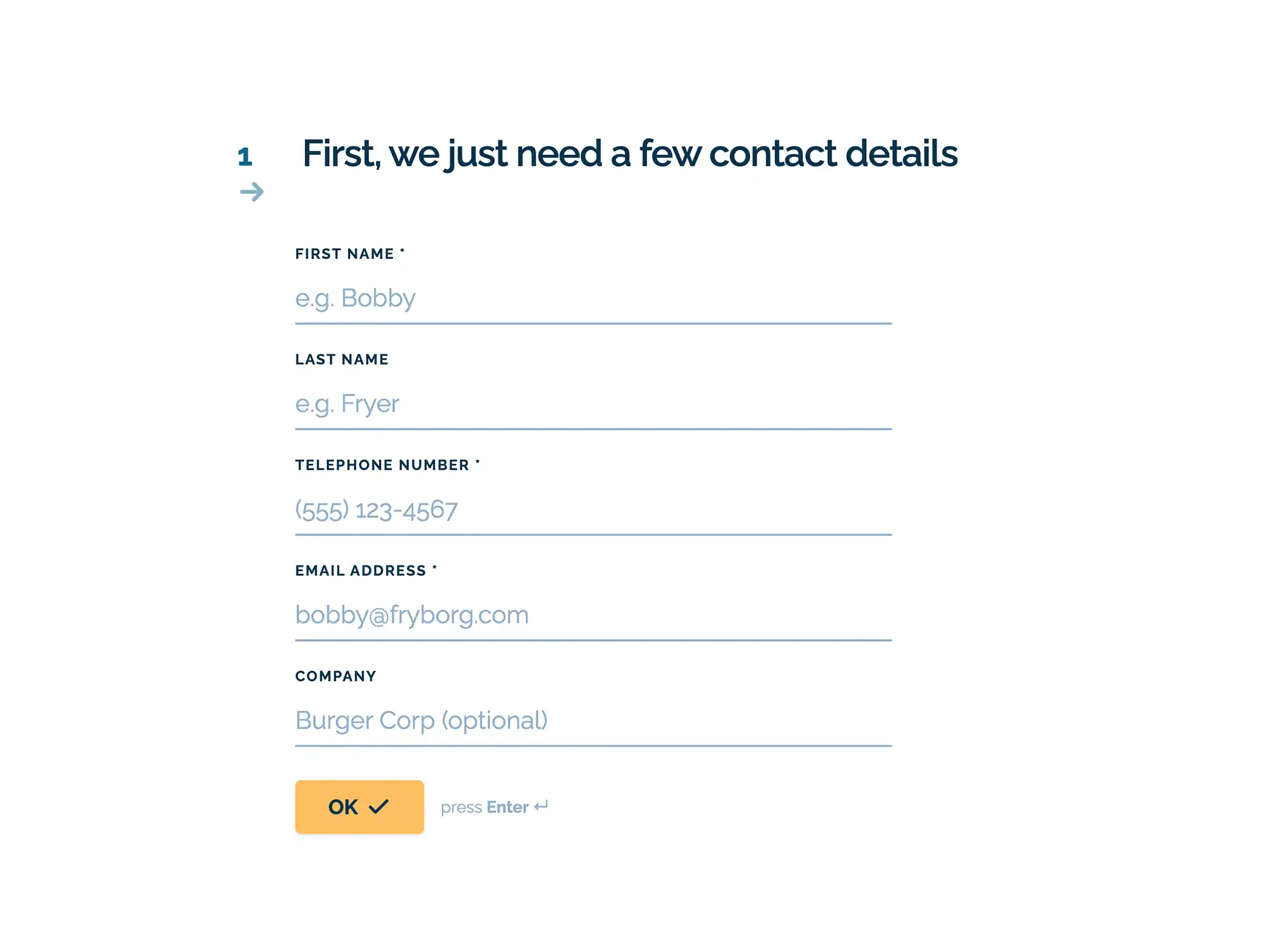 Online contact details form with text fields for first name, last name, telephone number, email, and company name above an orange OK button.
