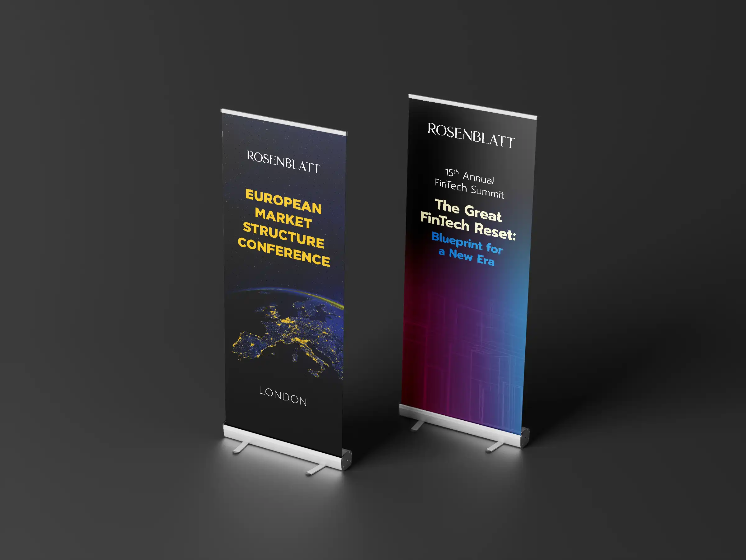 Two retractable banners for Rosenblatt events: "European Market Structure Conference" with a map of Europe and "15th Annual FinTech Summit" with abstract colors.