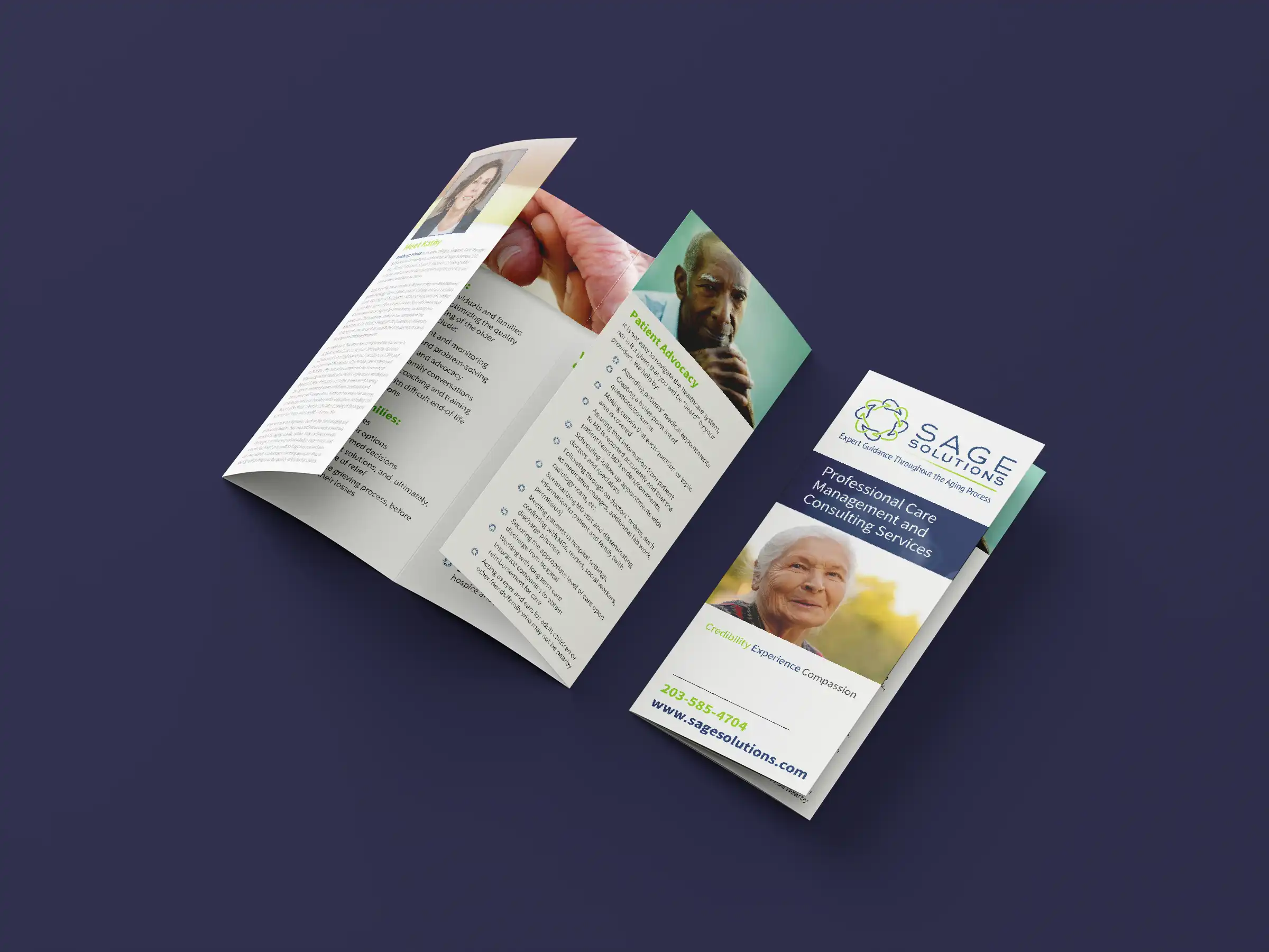 Flyer promoting Sage Solutions Patient Advocacy with text 'Get the Aging frees' and 'Experience Compassion'. Contact info and website listed. Image shows a woman's hands gently holding an elderly woman's hands.